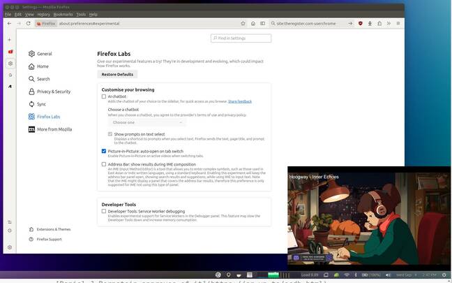 Firefox 131's new Settings page, in a vertical tab, alongside a picture-in-picture video. Firefox 131's new Settings page, in a vertical tab, alongside a picture-in-picture video.