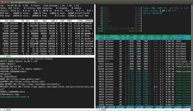 GNU screen showing two different types of system monitor. From Solaris to Xenix, screen is very similar. GNU screen showing two different types of system monitor. From Solaris to Xenix, screen is very similar.