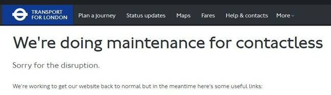 TfL Contactless Screenshot of TfL web page showing contactless is undergoing maintenance